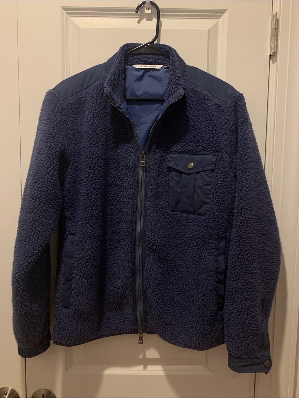 Peter Millar Navy Sherpa Zip-Up Jacket with Chest Patch Pocket